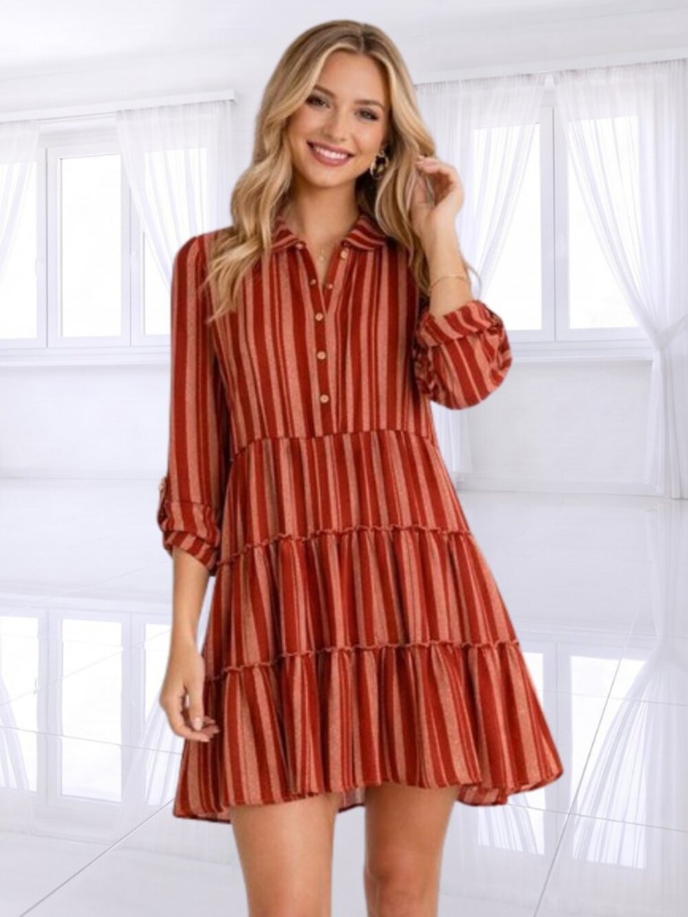 Blue Rain Long Sleeve Striped Tiered Button Detail Boho Dress Size Medium